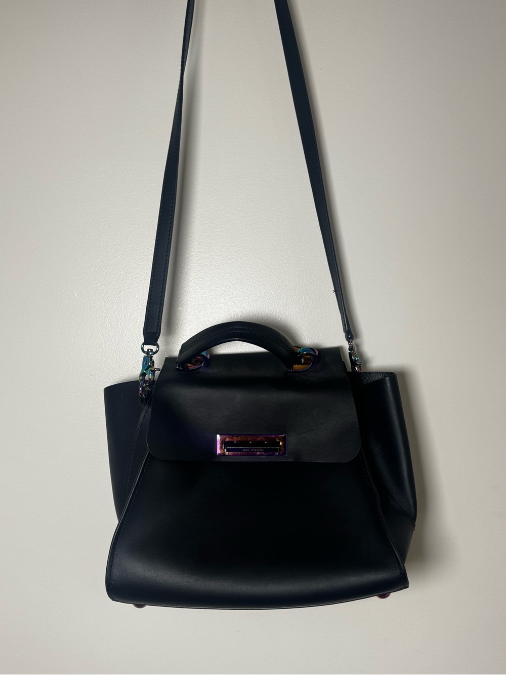 Zac Posen Black Women's Leather Top-Handle Crossbody Bag with Oilslick Hardware